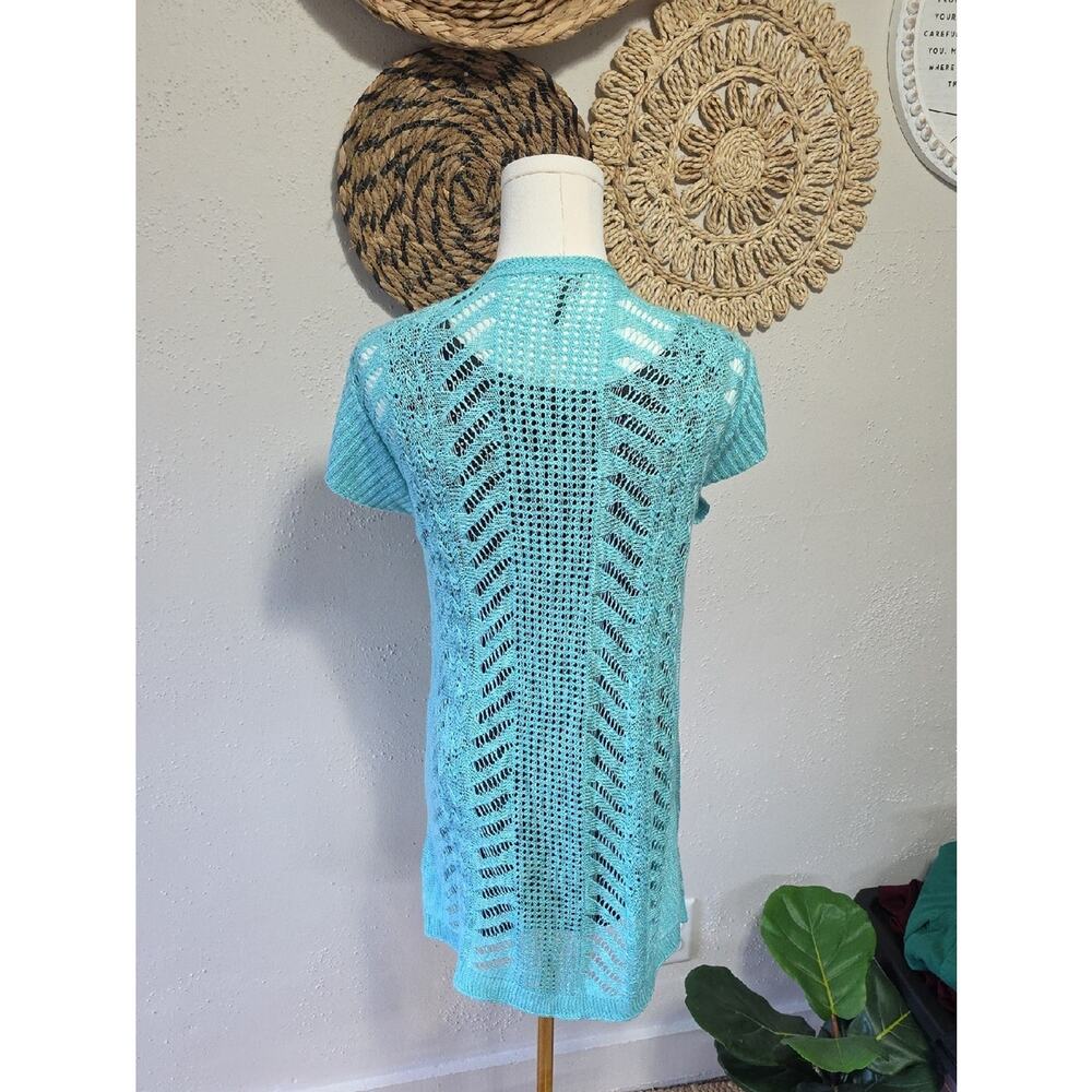 Maurices Aqua Open-Knit Short Sleeve Cardigan Womens L Y2K Vibes 2011 Vibes